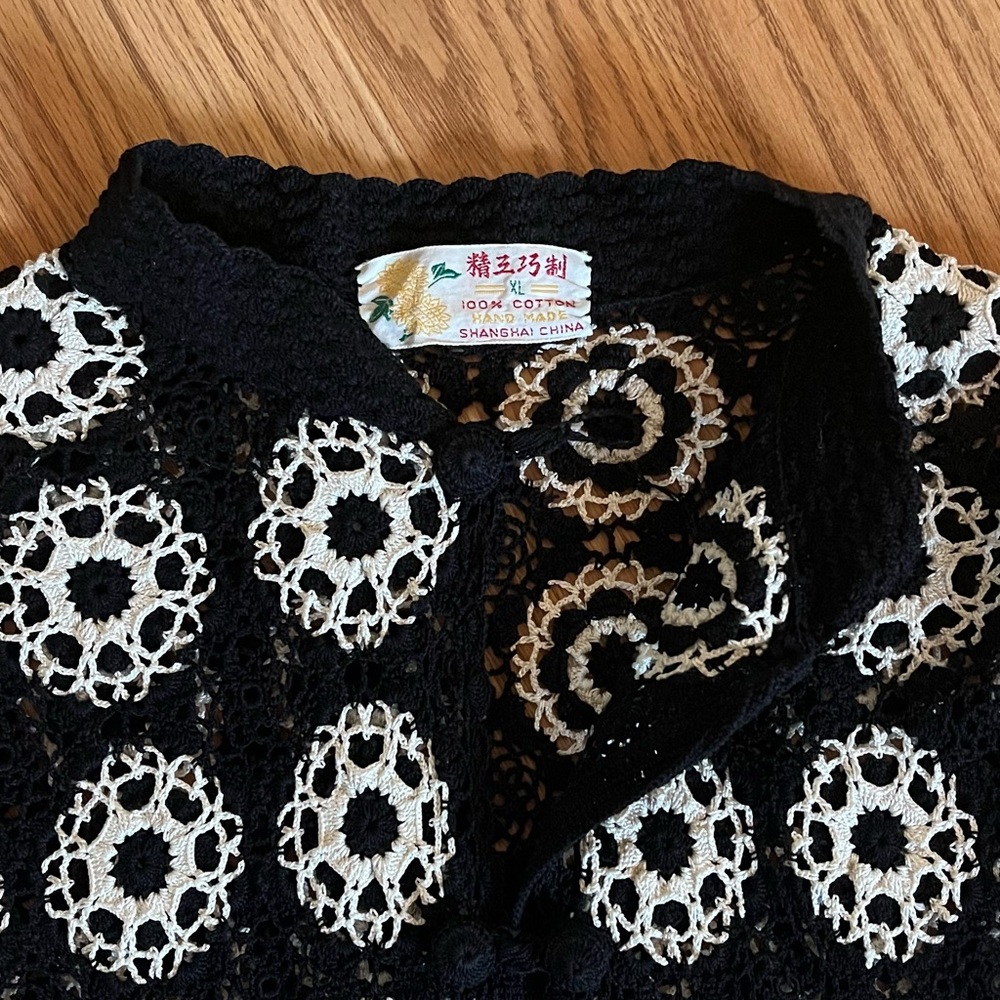 Mod Vintage Handmade Crochet Cardigan Sweater, Black and White - Picture 5 of 7